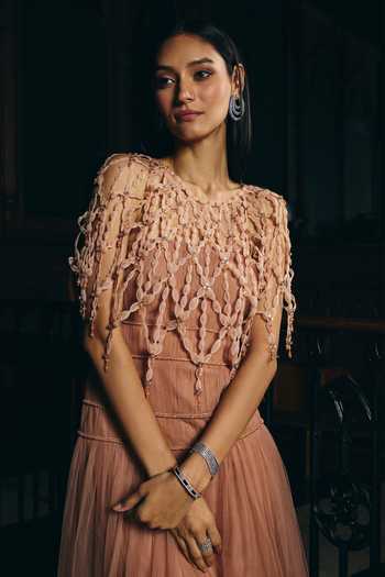 Shop Supria Munjal Peach Tulle Applique One Shoulder Gown Online at Aza Fashions Shop_Supria Munjal_Peach Tulle Applique One Shoulder Gown _Online_at_Aza_Fashions
