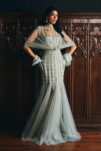 Supria Munjal Grey Tulle Embroidery, Beads Square Neck Structured Gown at Aza Fashions Supria Munjal_Grey Tulle Embroidery, Beads Square Neck Structured Gown _at_Aza_Fashions