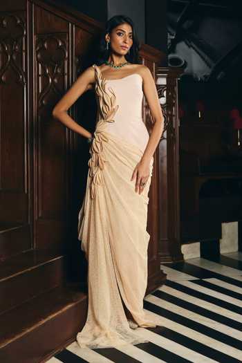 Supria Munjal One Shoulder Petal Embroidered Gown 