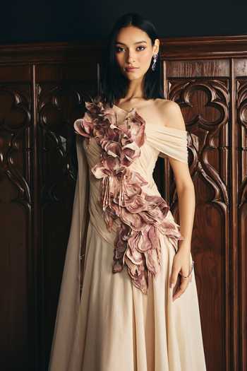 Shop Supria Munjal Beige Organza Applique, Fabric Flowers Off-shoulder Couture Petal Work Gown Online at Aza Fashions Shop_Supria Munjal_Beige Organza Applique, Fabric Flowers Off-shoulder Couture Petal Work Gown _Online_at_Aza_Fashions