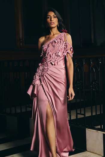 Supria Munjal Pink Crepe, Satin Applique One Shoulder Work Draped Gown Online at Aza Fashions Supria Munjal_Pink Crepe, Satin Applique One Shoulder Work Draped Gown _Online_at_Aza_Fashions