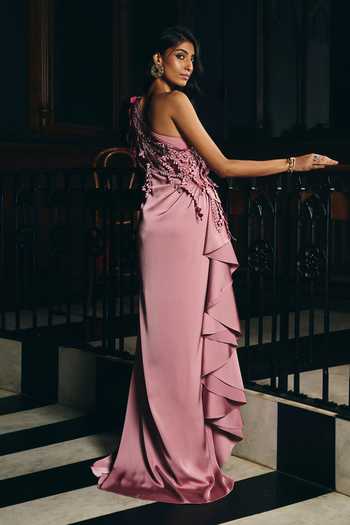 Shop Supria Munjal Pink Crepe, Satin Applique One Shoulder Work Draped Gown Online at Aza Fashions Shop_Supria Munjal_Pink Crepe, Satin Applique One Shoulder Work Draped Gown _Online_at_Aza_Fashions