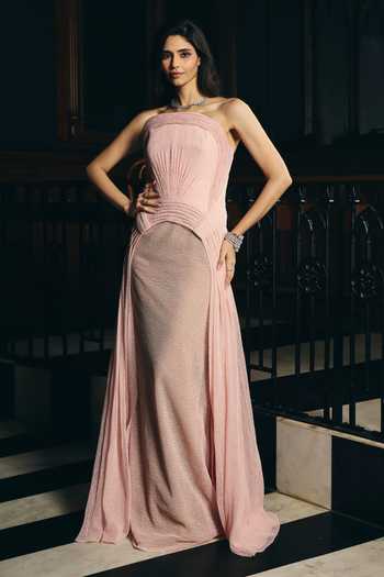 Supria Munjal Pink Tulle Bandeau Neck Sheer Pleated Gown Online at Aza Fashions Supria Munjal_Pink Tulle Bandeau Neck Sheer Pleated Gown _Online_at_Aza_Fashions