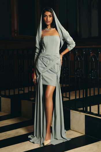 Supria Munjal Grey Crepe Bandeau , Open Sculpted Dress With Overlay Online at Aza Fashions Supria Munjal_Grey Crepe Bandeau , Open Sculpted Dress With Overlay _Online_at_Aza_Fashions