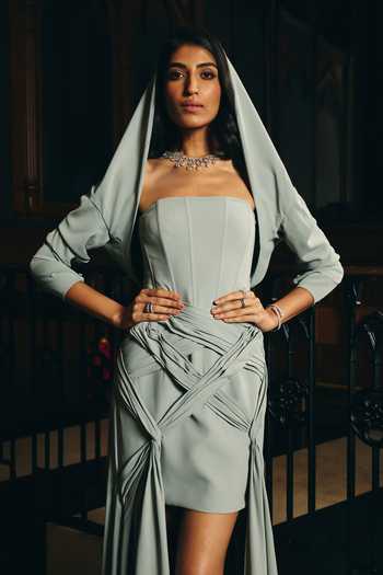 Buy Supria Munjal Grey Crepe Bandeau , Open Sculpted Dress With Overlay Online at Aza Fashions Buy_Supria Munjal_Grey Crepe Bandeau , Open Sculpted Dress With Overlay _Online_at_Aza_Fashions