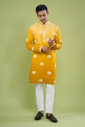 Shop_Arihant Rai Sinha_Yellow Cotton Lace Embroidered Kurta And Pant Set 