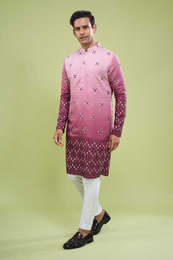 Shop Arihant Rai Sinha Pink Silk, Cotton Mirror Work Kurta And Pant Set Shop_Arihant Rai Sinha_Pink Silk, Cotton Mirror Work Kurta And Pant Set