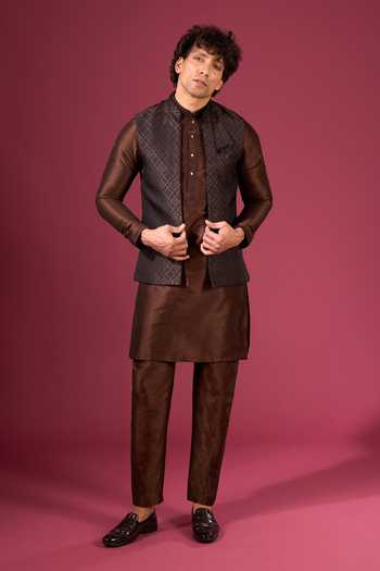 Buy Arihant Rai Sinha Brown Jacquard, Silk Contrast Nehru Jacket Set Buy_Arihant Rai Sinha_Brown Jacquard, Silk Contrast Nehru Jacket Set