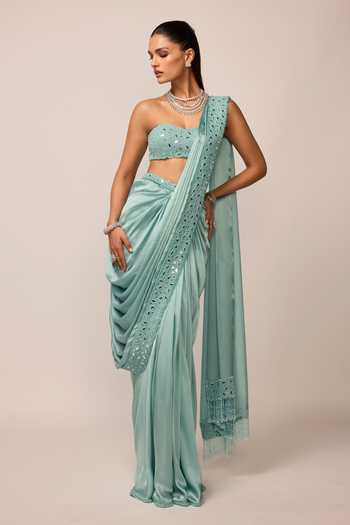 Buy_Vvani by vani vats_Blue Satin, Georgette Bandeau Neck Pre-draped Saree With Tube Blouse _Online_at_Aza_Fashions