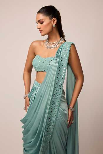 Shop_Vvani by vani vats_Blue Satin, Georgette Bandeau Neck Pre-draped Saree With Tube Blouse _Online_at_Aza_Fashions