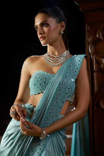 Buy_Vvani by vani vats_Blue Satin, Georgette Bandeau Neck Pre-draped Saree With Tube Blouse 
