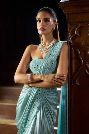 Shop_Vvani by vani vats_Blue Satin, Georgette Bandeau Neck Pre-draped Saree With Tube Blouse 