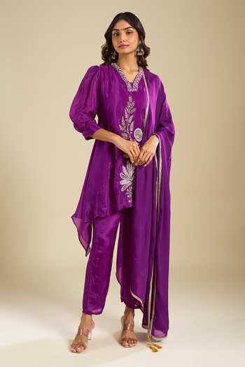 Shop Khwaab By Sanjana Lakhani Purple Silk V-neck Embroidered Kurta Set Online at Aza Fashions Shop_Khwaab By Sanjana Lakhani_Purple Silk V-neck Embroidered Kurta Set _Online_at_Aza_Fashions