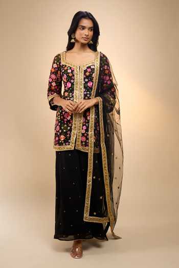 Buy_Samyukta Singhania_Black Net Square Neck Floral Embroidered Kurta Sharara Set 