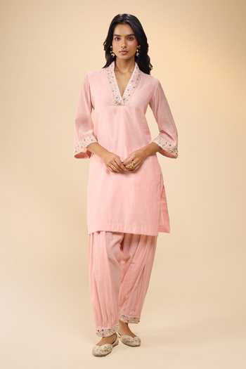Buy Samyukta Singhania Pink Chanderi V-neck Embroidered Kurta And Salwar Set Online at Aza Fashions Buy_Samyukta Singhania_Pink Chanderi V-neck Embroidered Kurta And Salwar Set _Online_at_Aza_Fashions