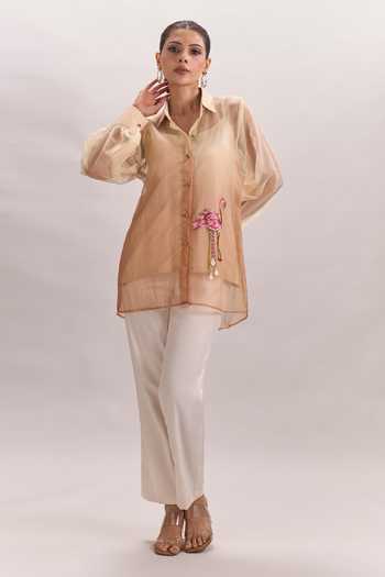 Shop Naintara Bajaj White Cotton, Organza, Silk Collared Hand Painted Flamingo Bird Shirt And Pant Set Shop_Naintara Bajaj_White Cotton, Organza, Silk Collared Hand Painted Flamingo Bird Shirt And Pant Set