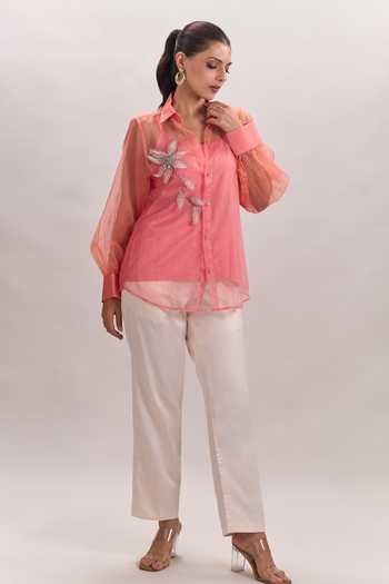 Buy Naintara Bajaj White Cotton, Organza, Silk Collared Neck 3d Floral Embroidered Shirt And Pant Set Buy_Naintara Bajaj_White Cotton, Organza, Silk Collared Neck 3d Floral Embroidered Shirt And Pant Set