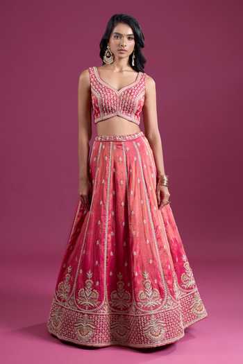 Shop Samyukta Singhania Pink Tissue Sweetheart Neck Sequins Embroidered Lehenga Set With Dupatta Online at Aza Fashions Shop_Samyukta Singhania_Pink Tissue Sweetheart Neck Sequins Embroidered Lehenga Set With Dupatta _Online_at_Aza_Fashions