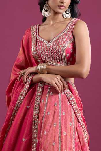 Buy Samyukta Singhania Pink Tissue Sweetheart Neck Sequins Embroidered Lehenga Set With Dupatta Buy_Samyukta Singhania_Pink Tissue Sweetheart Neck Sequins Embroidered Lehenga Set With Dupatta