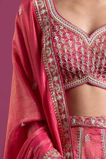 Shop Samyukta Singhania Pink Tissue Sweetheart Neck Sequins Embroidered Lehenga Set With Dupatta Shop_Samyukta Singhania_Pink Tissue Sweetheart Neck Sequins Embroidered Lehenga Set With Dupatta
