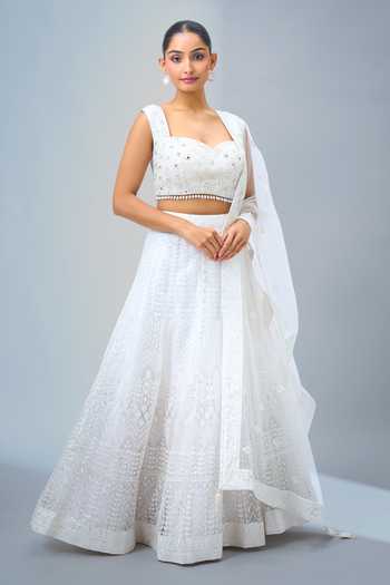 Shop_Samyukta Singhania_White Sequins, Embroidery Sweetheart Neck Lehenga Set _Online_at_Aza_Fashions
