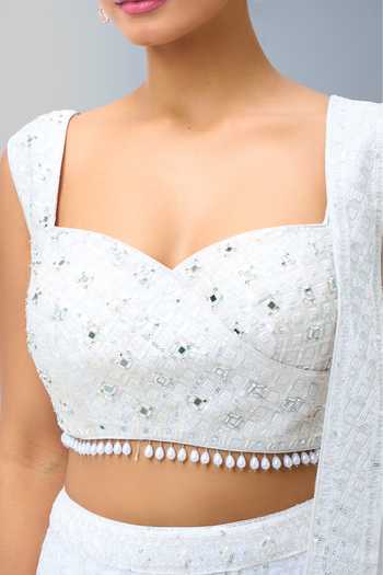 Shop_Samyukta Singhania_White Sequins, Embroidery Sweetheart Neck Lehenga Set 