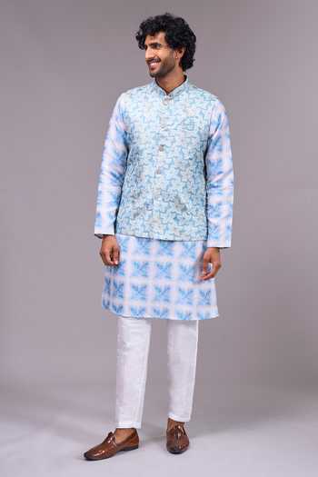 Shop Arihant Rai Sinha Blue Silk, Satin, Jacquard Embroidery Bundi And Geometric Pattern Kurta Set Online at Aza Fashions Shop_Arihant Rai Sinha_Blue Silk, Satin, Jacquard Embroidery Bundi And Geometric Pattern Kurta Set _Online_at_Aza_Fashions