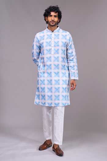 Arihant Rai Sinha Blue Silk, Satin, Jacquard Embroidery Bundi And Geometric Pattern Kurta Set at Aza Fashions Arihant Rai Sinha_Blue Silk, Satin, Jacquard Embroidery Bundi And Geometric Pattern Kurta Set _at_Aza_Fashions