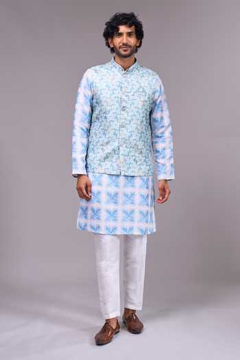Buy Arihant Rai Sinha Blue Silk, Satin, Jacquard Embroidery Bundi And Geometric Pattern Kurta Set Buy_Arihant Rai Sinha_Blue Silk, Satin, Jacquard Embroidery Bundi And Geometric Pattern Kurta Set