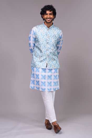 Shop Arihant Rai Sinha Blue Silk, Satin, Jacquard Embroidery Bundi And Geometric Pattern Kurta Set Shop_Arihant Rai Sinha_Blue Silk, Satin, Jacquard Embroidery Bundi And Geometric Pattern Kurta Set