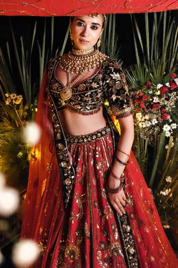 Shop Amaltas Couture Burgundy Silk, Velvet, Organza, Net Sweetheart Sequin Work Bridal Lehenga Set Online at Aza Fashions Shop_Amaltas Couture_Burgundy Silk, Velvet, Organza, Net Sweetheart Sequin Work Bridal Lehenga Set _Online_at_Aza_Fashions