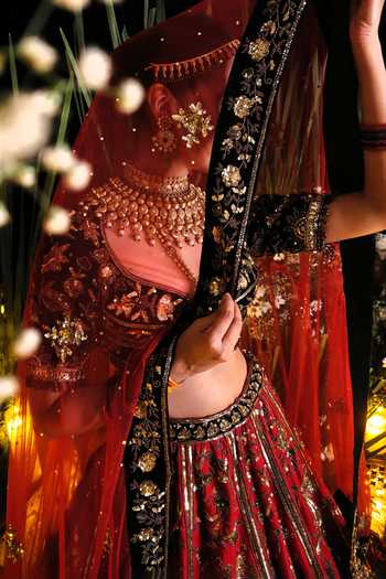Amaltas Couture Burgundy Silk, Velvet, Organza, Net Sweetheart Sequin Work Bridal Lehenga Set at Aza Fashions Amaltas Couture_Burgundy Silk, Velvet, Organza, Net Sweetheart Sequin Work Bridal Lehenga Set _at_Aza_Fashions