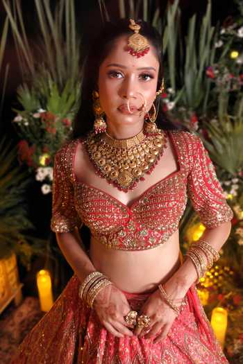 Amaltas Couture Red Viscose, Silk, Organza, Net Sweetheart Neck Bridal Embroidered Lehenga Set Online at Aza Fashions Amaltas Couture_Red Viscose, Silk, Organza, Net Sweetheart Neck Bridal Embroidered Lehenga Set _Online_at_Aza_Fashions