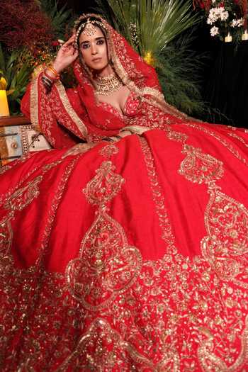 Buy Amaltas Couture Red Silk, Organza, Net Sweetheart Neck Aari Embroidered Bridal Lehenga Set Buy_Amaltas Couture_Red Silk, Organza, Net Sweetheart Neck Aari Embroidered Bridal Lehenga Set