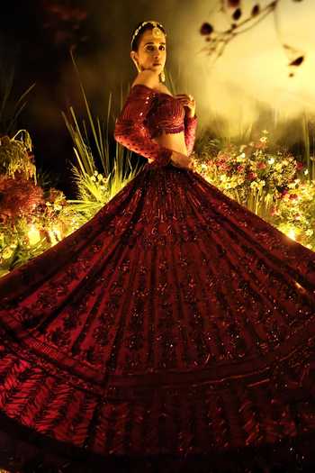 Amaltas Couture Maroon Silk, Organza, Net Off-shoulder Raw Bridal Lehenga Set Online at Aza Fashions Amaltas Couture_Maroon Silk, Organza, Net Off-shoulder Raw Bridal Lehenga Set _Online_at_Aza_Fashions