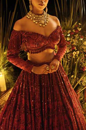Shop Amaltas Couture Maroon Silk, Organza, Net Off-shoulder Raw Bridal Lehenga Set Online at Aza Fashions Shop_Amaltas Couture_Maroon Silk, Organza, Net Off-shoulder Raw Bridal Lehenga Set _Online_at_Aza_Fashions