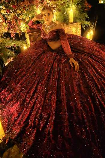 Amaltas Couture Maroon Silk, Organza, Net Off-shoulder Raw Bridal Lehenga Set at Aza Fashions Amaltas Couture_Maroon Silk, Organza, Net Off-shoulder Raw Bridal Lehenga Set _at_Aza_Fashions