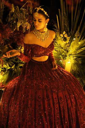 Buy Amaltas Couture Maroon Silk, Organza, Net Off-shoulder Raw Bridal Lehenga Set Buy_Amaltas Couture_Maroon Silk, Organza, Net Off-shoulder Raw Bridal Lehenga Set