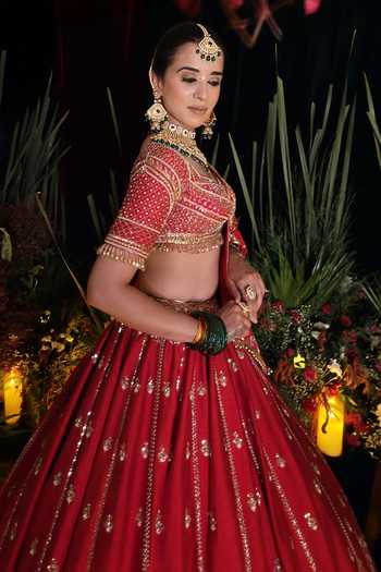 Amaltas Couture Red Silk, Organza, Net Sweetheart Neck Moti Embroidered Bridal Lehenga Set Online at Aza Fashions Amaltas Couture_Red Silk, Organza, Net Sweetheart Neck Moti Embroidered Bridal Lehenga Set _Online_at_Aza_Fashions