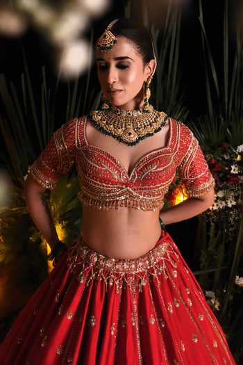 Buy Amaltas Couture Red Silk, Organza, Net Sweetheart Neck Moti Embroidered Bridal Lehenga Set Online at Aza Fashions Buy_Amaltas Couture_Red Silk, Organza, Net Sweetheart Neck Moti Embroidered Bridal Lehenga Set _Online_at_Aza_Fashions