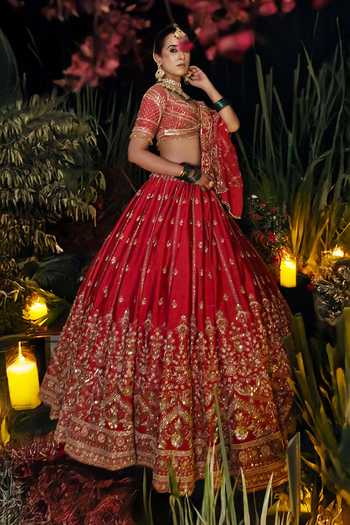 Shop Amaltas Couture Red Silk, Organza, Net Sweetheart Neck Moti Embroidered Bridal Lehenga Set Online at Aza Fashions Shop_Amaltas Couture_Red Silk, Organza, Net Sweetheart Neck Moti Embroidered Bridal Lehenga Set _Online_at_Aza_Fashions