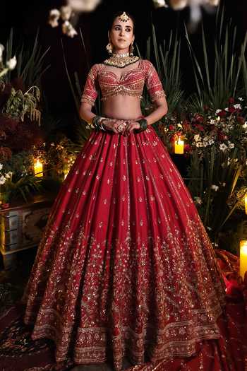 Buy Amaltas Couture Red Silk, Organza, Net Sweetheart Neck Moti Embroidered Bridal Lehenga Set Buy_Amaltas Couture_Red Silk, Organza, Net Sweetheart Neck Moti Embroidered Bridal Lehenga Set