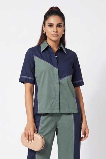 Buy Escape By Aishwarya Green Cotton Satin Collared Neck Illusion Top And Pant Co-ord Set Online at Aza Fashions Buy_Escape By Aishwarya_Green Cotton Satin Collared Neck Illusion Top And Pant Co-ord Set _Online_at_Aza_Fashions