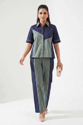 Shop Escape By Aishwarya Green Cotton Satin Collared Neck Illusion Top And Pant Co-ord Set Online at Aza Fashions Shop_Escape By Aishwarya_Green Cotton Satin Collared Neck Illusion Top And Pant Co-ord Set _Online_at_Aza_Fashions