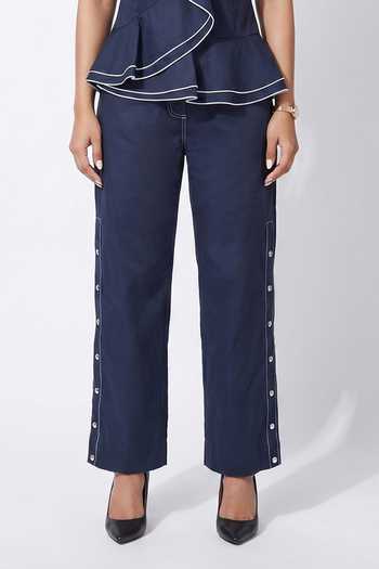 Escape By Aishwarya Blue Cotton Satin Mandarin Collar Waterfall Double Draped Top And Pant Co-ord Set Online at Aza Fashions Escape By Aishwarya_Blue Cotton Satin Mandarin Collar Waterfall Double Draped Top And Pant Co-ord Set _Online_at_Aza_Fashions