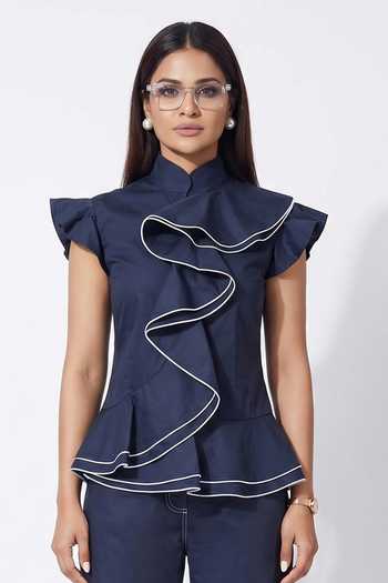 Buy Escape By Aishwarya Blue Cotton Satin Mandarin Collar Waterfall Double Draped Top And Pant Co-ord Set Online at Aza Fashions Buy_Escape By Aishwarya_Blue Cotton Satin Mandarin Collar Waterfall Double Draped Top And Pant Co-ord Set _Online_at_Aza_Fashions