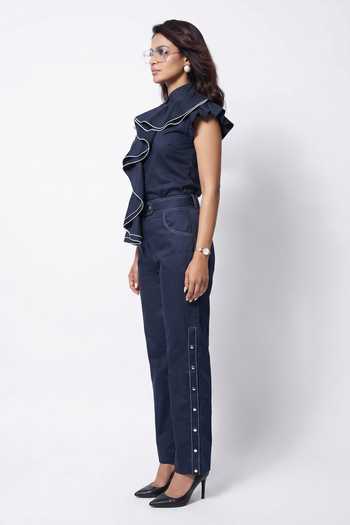 Shop Escape By Aishwarya Blue Cotton Satin Mandarin Collar Waterfall Double Draped Top And Pant Co-ord Set Online at Aza Fashions Shop_Escape By Aishwarya_Blue Cotton Satin Mandarin Collar Waterfall Double Draped Top And Pant Co-ord Set _Online_at_Aza_Fashions