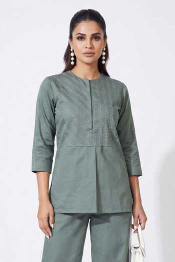Shop Escape By Aishwarya Green Cotton Satin Round Neck Katha Top And Pant Co-ord Set Online at Aza Fashions Shop_Escape By Aishwarya_Green Cotton Satin Round Neck Katha Top And Pant Co-ord Set _Online_at_Aza_Fashions