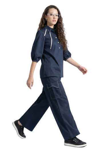 Escape By Aishwarya Blue Cotton Satin Collared Neck, Button-down Sporty Pipen Top And Pant Co-ord Set Online at Aza Fashions Escape By Aishwarya_Blue Cotton Satin Collared Neck, Button-down Sporty Pipen Top And Pant Co-ord Set _Online_at_Aza_Fashions