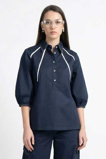 Shop Escape By Aishwarya Blue Cotton Satin Collared Neck, Button-down Sporty Pipen Top And Pant Co-ord Set Online at Aza Fashions Shop_Escape By Aishwarya_Blue Cotton Satin Collared Neck, Button-down Sporty Pipen Top And Pant Co-ord Set _Online_at_Aza_Fashions